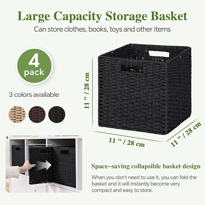 Woven Wicker Storage Baskets 4-Pack, 11x11 Handwoven Paper Rope Organizer Bins, Foldable Cube Storage Cubes with Built-in Handles for Shelves and Closet Organization(Classic Black)