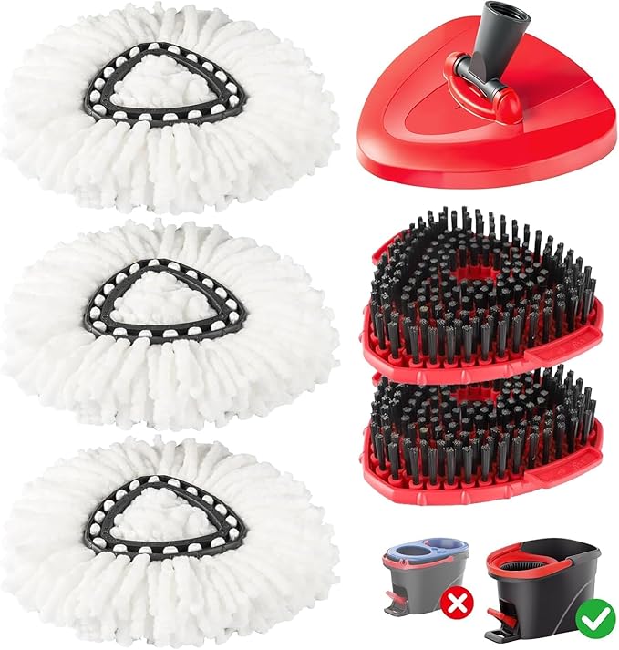 6-in-1 Mop Heads Replacements for O Cedar EasyWring 1 Tank System, Includes 1 Base | 2 Scrub Brush Heads | 3 Spin Mop Heads, Full Set Mop Replace Heads for Cleaning Home, Bathroom & Kitchen