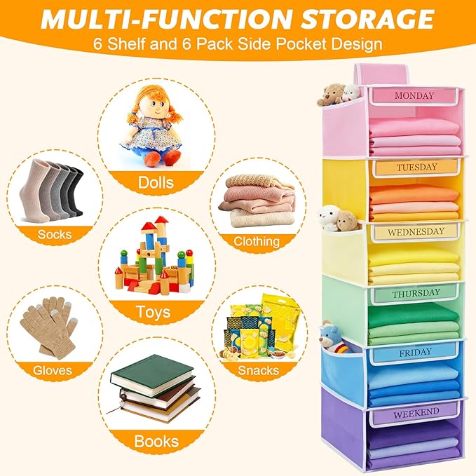 Colarr Hanging Closet Organizer and Storage, 6 Shelf Weekly Clothes Organizer Daily Clothing Organization Labeled Shelves with Days and Color Labels for Home School Clothing Storage