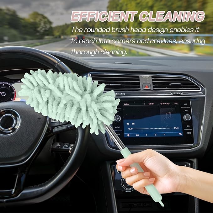 2PCS Car Interior Duster with Extension Pole, Soft Chenille Microfiber Duster for Cleaning, Scratch Free & Lint-Free, Washable Cleaning Brushes for Vehicle Details, Home, Office (Green)