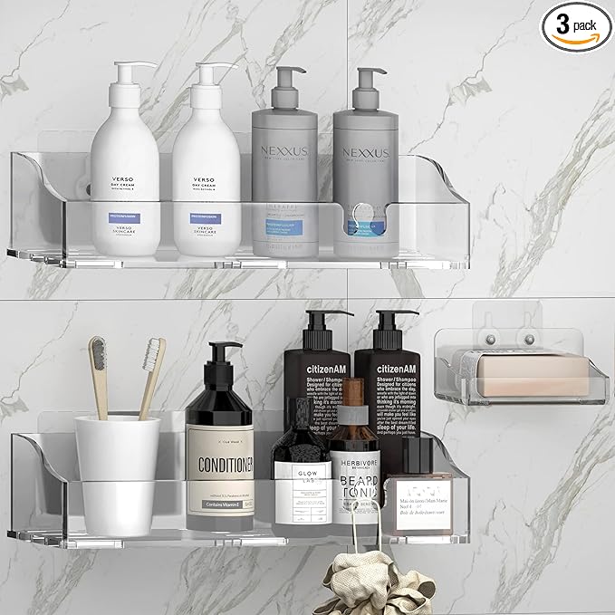 Acrylic Shower Shelves 3 Pack, Clear Adhesive Shower Organizer - No-Drill Wall Mount Storage Rack, Versatile Caddy for Bathroom & Kitchen (Transparent)