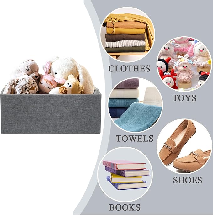 Foldable Fabric Storage Cubes, 2 Packs Cloth Storage Baskets with Wooden Handles, Collapsible Shelf Closet Organizer Bins, Rectangular Storage Boxes for Decor (Gray)