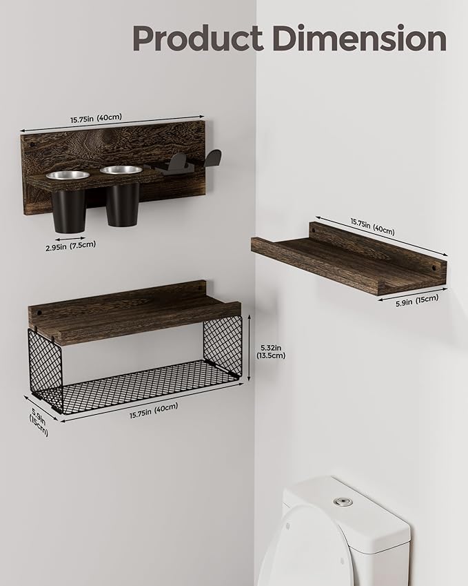 Puricon Floating Bathroom Shelves with Hair Dryer Holder, 3-Tier Rustic Wood Wall Mounted Organizers Set, Space Saving Over-Toilet Storage and Home Decor Hanging Rack -Dark Brown