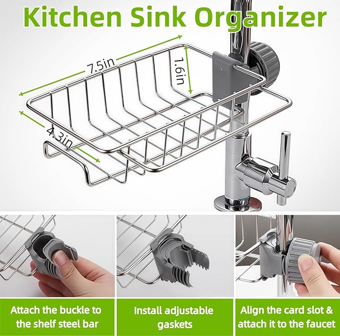 Sponge Holder for Kitchen Sink, Silver Stainless Steel Sink Organizer, Drying Rack for Sponges and Bottles