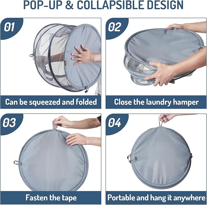 Mesh Popup Laundry Hamper 115L Collapsible Laundry Basket Extra Large Capacity Foldable Clothing Storage Basket with Handles 26 H x 18 W x 18 L (Gray)