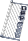 BBXTYLY Expandable Roll Up Dish Drying Rack Up to 22.8''with 2 Storage Baskets,Over The Sink Kitchen Rolling up Dish Drainer Drying Rack, Foldable,Rollable,for Kitchen Dishes(Expandable Width Size)