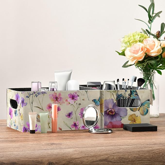 Closet Storage Bins 2 Pcs Felt Open Home Storage Containers Organizer with Handles Collapsible Shelf Basket for Home Office Craft Room Classroom Fabric Watercolor Pink Purple Flowers Butterfly