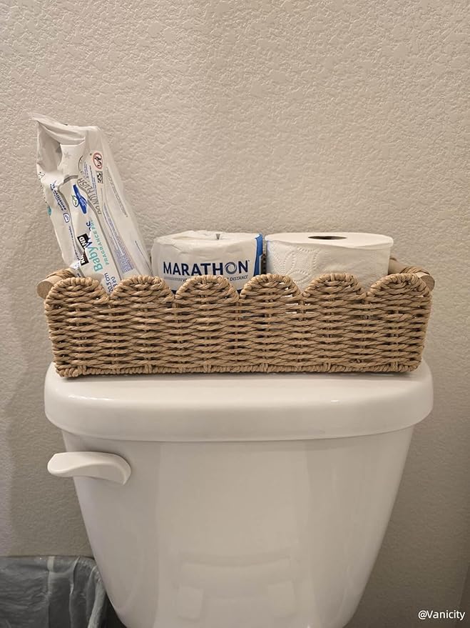 CubesLand Paper Rope Scalloped Edge Toilet Paper Storage Basket, Small Living Room, Bedroom Decor Baskets for Over Toilet Storage Shelf, End Table, Shelves and More, with 2 Wooden Handle, Neutral