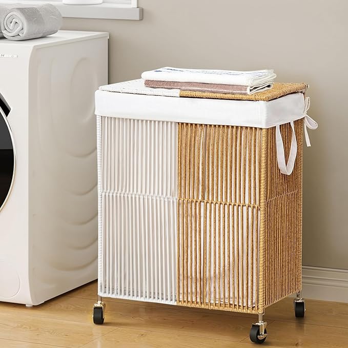 WOWLIVE Laundry Hamper with Wheels, Handwoven Rolling Laundry Basket with Lid, Clothes Hamper with Divided Removable Liner Bag, 115L Large Laundry Sorter Laundry Room Organization, White and Natural