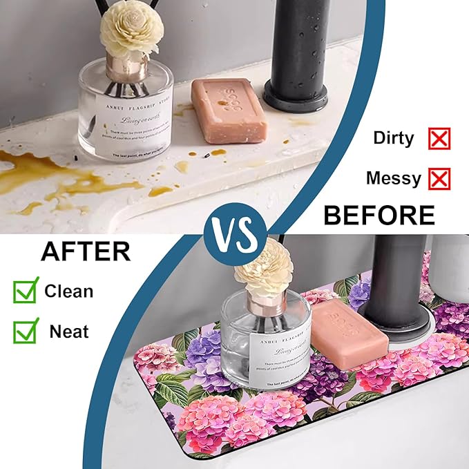 Colorful Hydrangea Sink Splash Guard Faucet Mat Purple Pink Hydrangea Super Absorbent Fast Drying Mat Sink Gadgets-Splash Guard Behind Faucet Drip Catcher for Kitchen Bathroom, 15.5"x5.5"