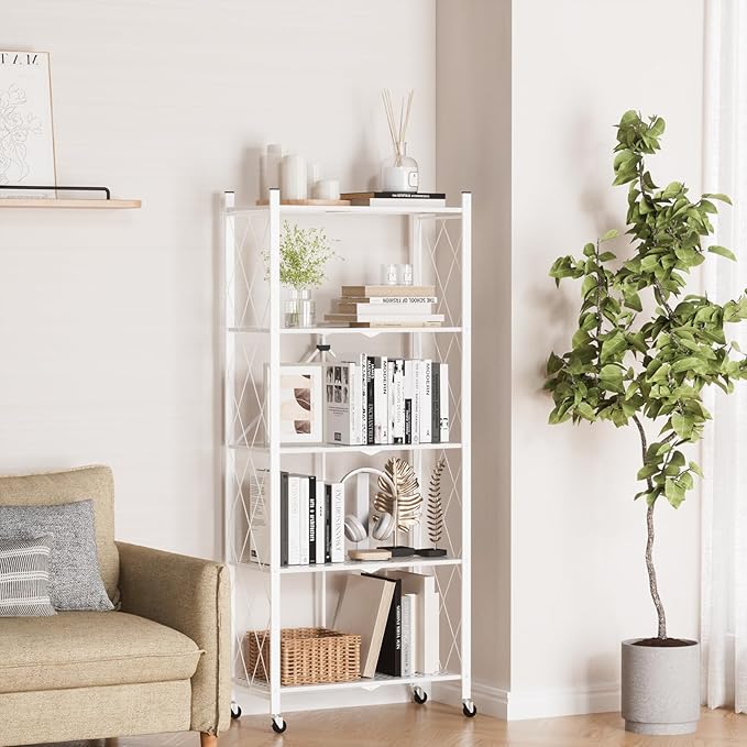 ALANNG 5 Tier Storage Shelves on Wheels, No Assembly Metal Folding Shelf Heavy Duty, White | Colorful | Rolling | Collapsible | Rack Unit | for Living Room Office | 13.4" D x 28" W x 64.6" H