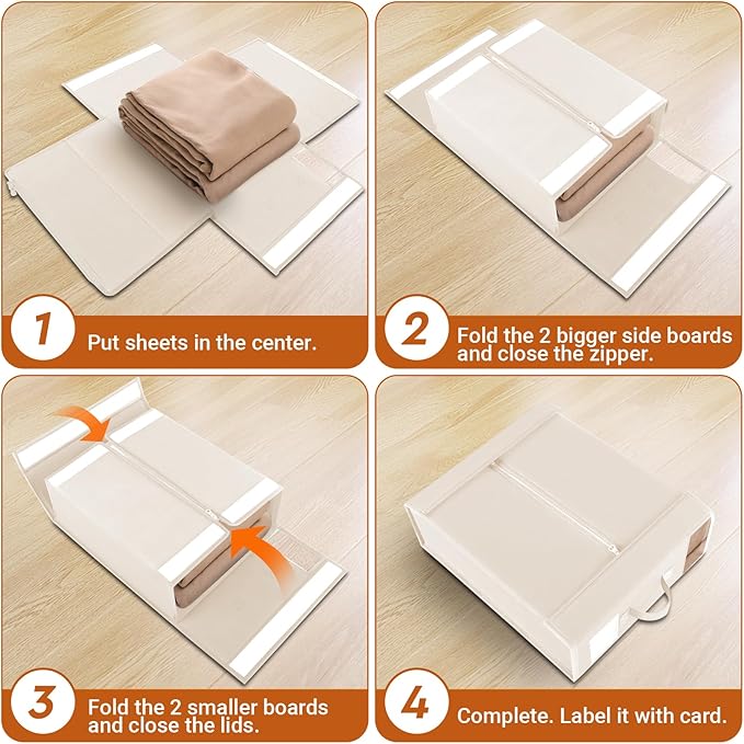 4 Pack Bed Sheet Closet Organizers and Storage,Sturdy Foldable Storage Containers with Window and Label,Storage and Organization for Bedding Sheets,Duvet Covers,Blankets (Beige)