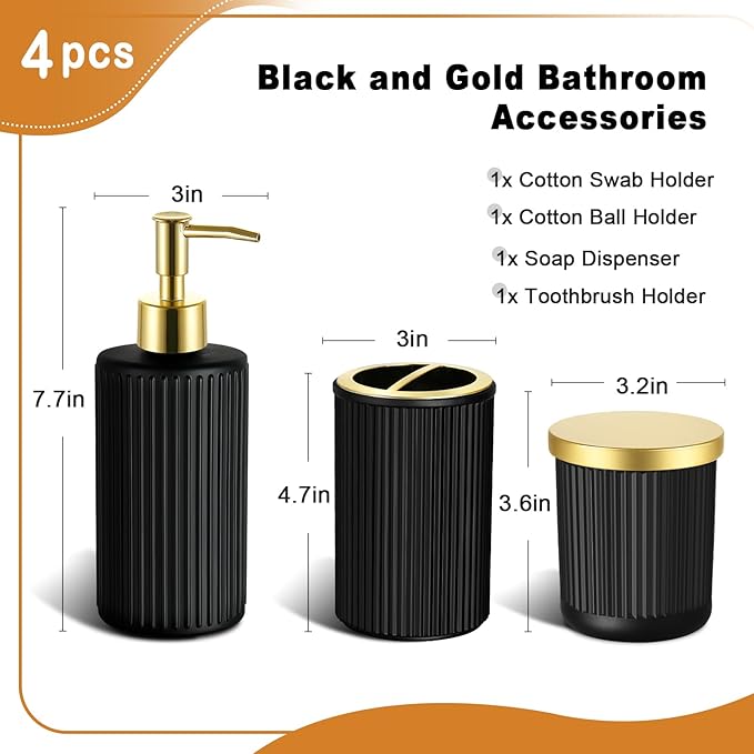 Matte Black and Gold Bathroom Accessories Set, 4 Pack Glass Bath Accessory Sets Complete, Ribbed Soap Dispenser and Toothbrush Holder Set with 2 Qtip Holders, Modern Gold Bathroom Decor