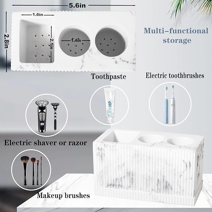 rejomiik Toothbrush Holders for Bathroom Countertop, 3 Slots Electric Tooth Brushing Storage Organizer Stand for Toiletries and Beauty Accessories, Toothpaste, Razor, Marble White