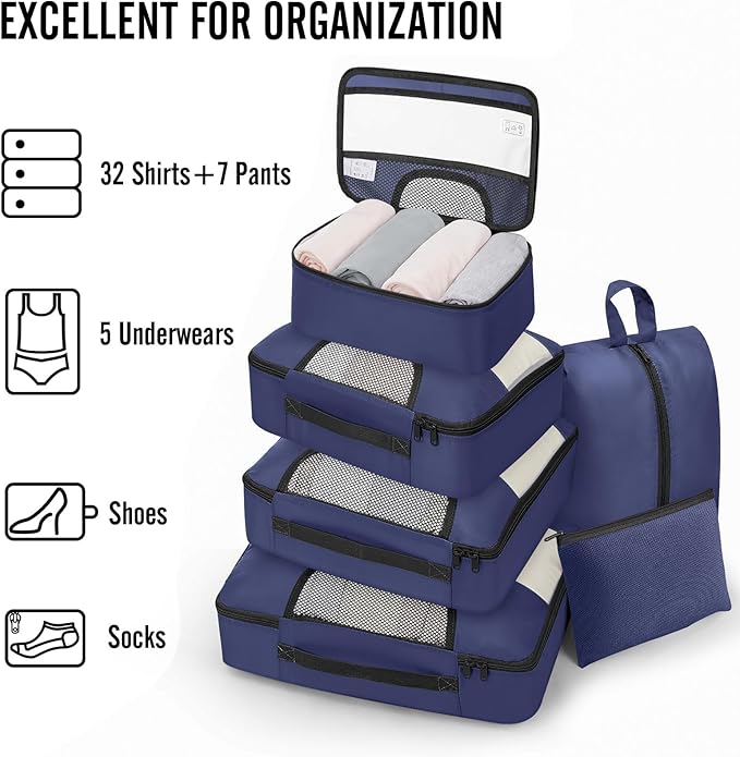 Veken 8 Set Packing Cubes for Travel Essentials, Suitcase Organizer Bags in 4 Sizes, Carry-On Luggage Accessories with Large Laundry & Hanging Toiletry Bag, Must-Have for Airplane, Road Trip & Camping