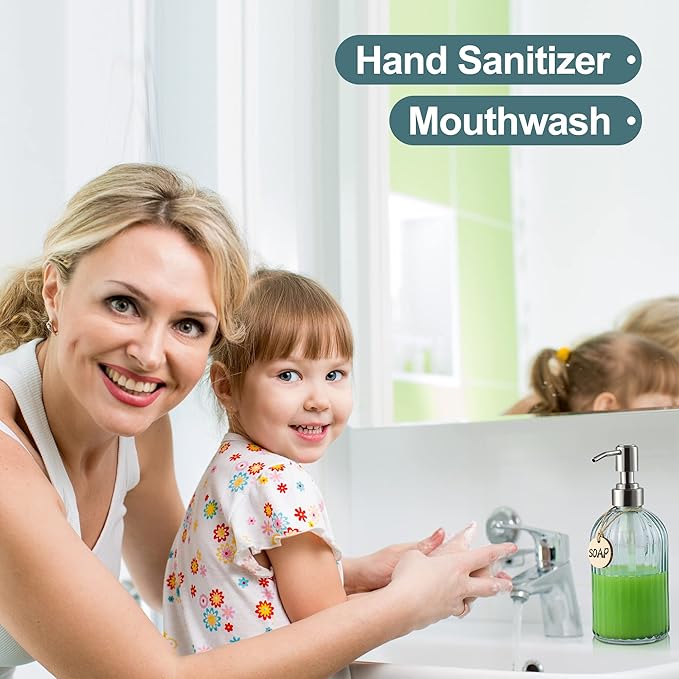 16OZ Fashion Stripe Clear Glass Refillable Soap Dispenser with 304 Stainless Steel Pump Premium Soap Dispenser， for Kitchen, Bathroom, Hand Sanitizer, Liquid Soap, Lotion, etc. (Clear Blue)