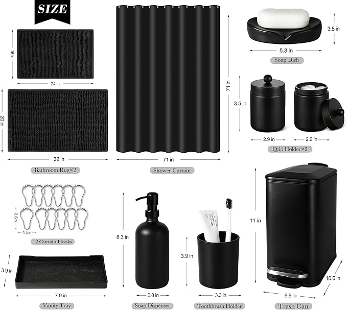 Bathroom Sets with Shower Curtain and Rugs, 22 Pcs Black Bathroom Accessories with Trash Can, Waterproof Shower Curtain, Bathroom Rugs Super Absorbent, Modern Bathroom Sets Complete Decor