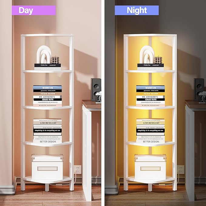 TUTOTAK Corner Shelf with LED Light, 5-Tier Corner Bookshelf for Small Space, Narrow Display Corner Shelf Stand with Storage Rack, for Living Room, Bedroom, White BS08BW005L