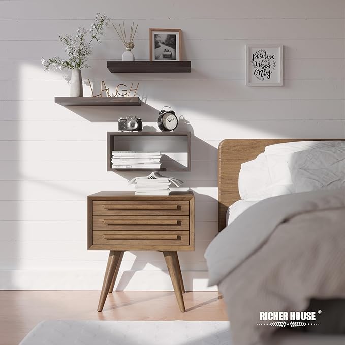 RICHER HOUSE Floating Shelves Set of 3, Modern Bathroom Shelves Wall Mounted Shelves with Invisible Brackets Over Toilet, Rustic Wall Shelves for Bathroom Bedroom, Living Room, Kitchen - Walnut