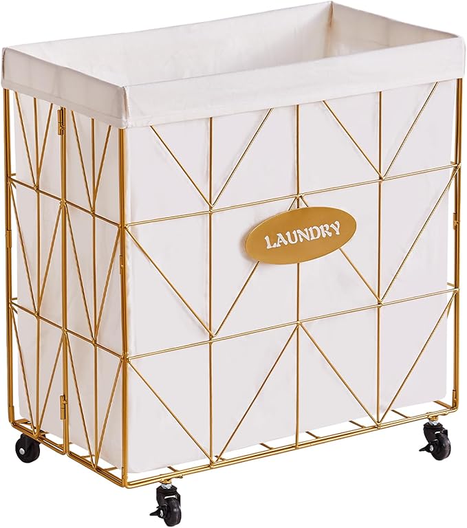Mxfurhawa Laundry Hamper,Collapsible Laundry Basket Large Capacity Metal Laundry Hamper with Removable Liner, Rolling Wheels and Collapsible Design for Clothes Storage and Organization (110L GOLD)