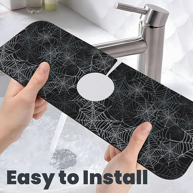Halloween Black Spider Web Kitchen Sink Splash Guard Faucet Mat Super Absorbent Fast Drying Mat Sink Gadgets-Fast Drying Pad Sink Mat For Kitchen Bathroom (15" X 5.5" )