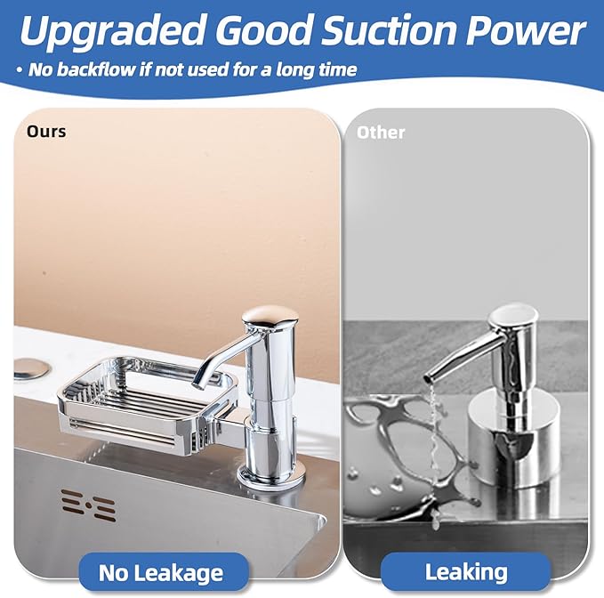Soap Dispenser for Kitchen Sink with Sponge Holder, Built in Soap Dispenser Pump, Under Counter ABS Pump Head with 38" Extension Tube Kit, Good Suction Power, Chrome