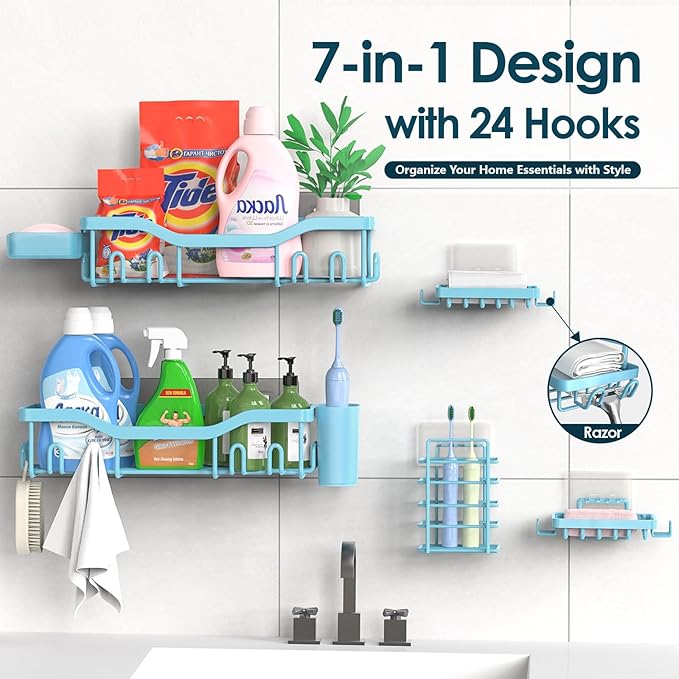 Shower Caddy Adhesive Shower Organizer 7-Pack, Rustproof Stainless Steel Bathroom Shelves, Large Capacity No-Drill Rack Storage Accessories with Soap Dish Toothbrush Holder Hooks