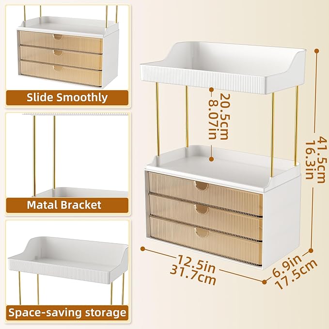 2 Sets 6 Drawers Makeup Organizer – 5 Tier Bathroom Organizers and Storage, Versatile Perfume Vanity Organizer, Ideal for Cosmetic, Large Skincare, Face Mask, Office Supplies, Amber