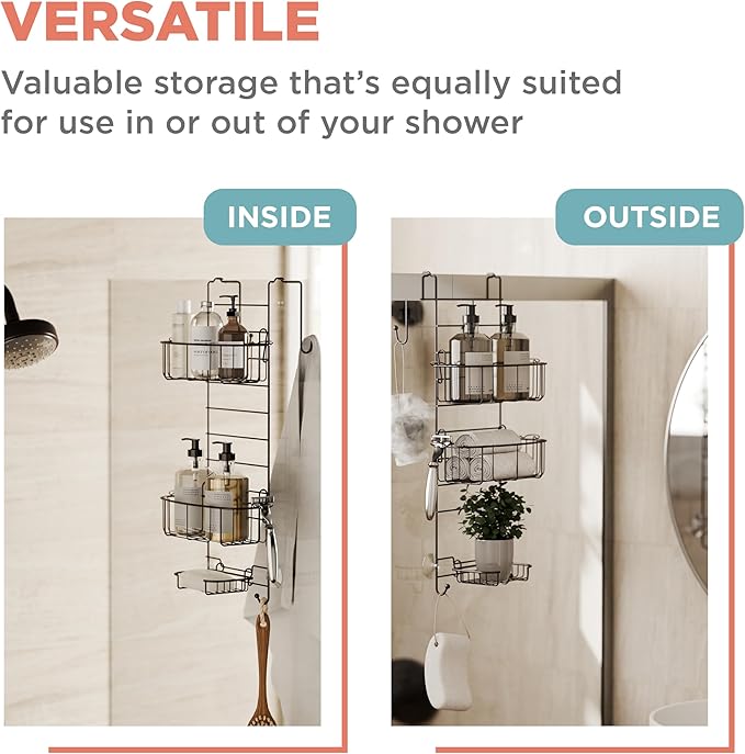 Zenna Home Shower Caddy Hanging Over the Shower Door Organizer, Stainless Steel Rack with 2 Shelves and Built in Hooks, Bathroom Organizer Shelf for Inside Shower, Heritage Bronze