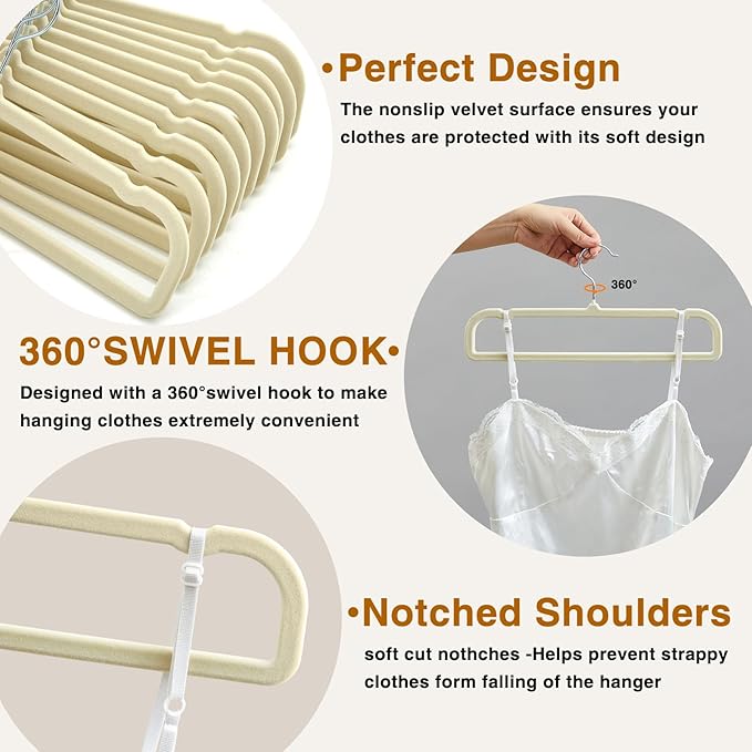 60 Pack Beige Velvet Pants Hangers with 60 Hooks Non Slip, Felt Trouser Hanger for Closet, Thin Space Saving Clothes Hanger, Strong, Durable, 360 Degree Rotatable Hook for Tank Top, Shorts