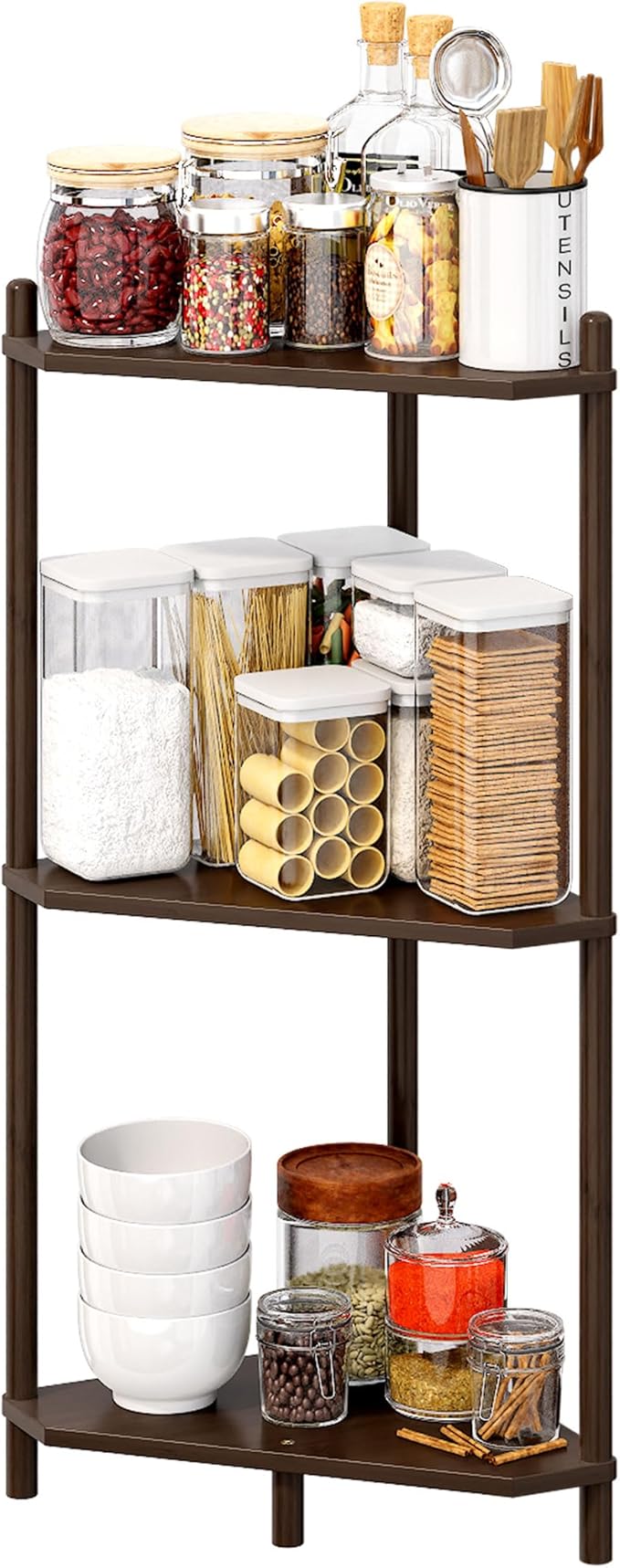 Corner Shelf Stand - 3 Tier Bamboo Small Corner Bookshelf for Office Kitchen Bedroom Plant Stand Living Room Decor Small Space (Brown，3 Tier)