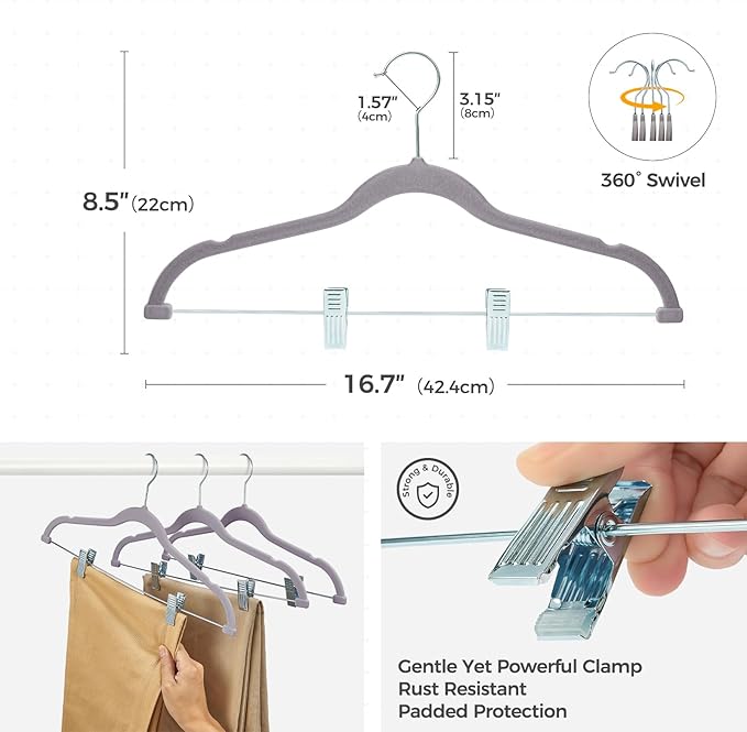HOUSE DAY Velvet Hangers with Adjustable Clips 10 Pack, Non-Slip Suit Organizer with 360° Hook - Heavy Duty Hanger for Pants, Skirts, Blouses, Dresses - Outfit Hangers All-Season Space Saver (Grey)