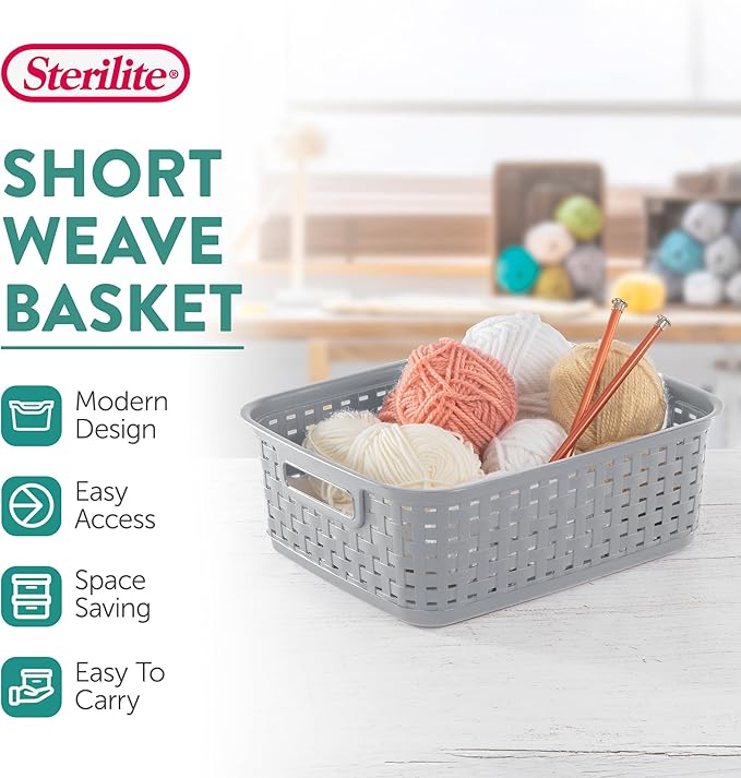 Sterilite Short Plastic Weave Storage Basket, Bin Organization for Countertops, Tabletops and Shelves for Crafts, Jewelry, Gray, 18-Pack