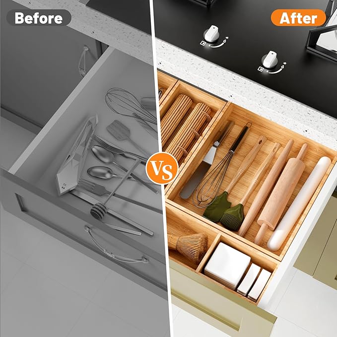 SpaceWhisper Bamboo Drawer Organizer, 10-Piece Drawer Divider with Removable Dividers for Organization and Storage, Multi-Use Stackable Storage Box & Utensil Holder for Kitchen, Office, Makeup & More