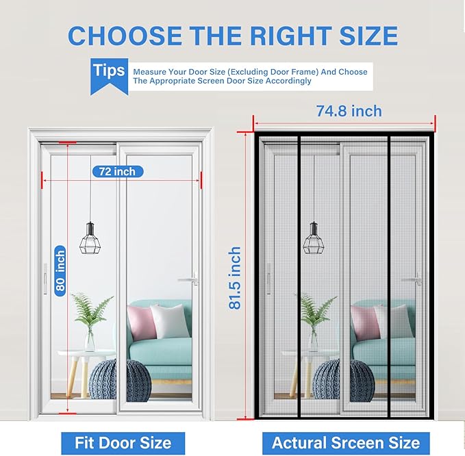 Magnetic Screen Door Upgraded PET Mesh Stronger Than Fiberglass and Polyester,Hands Free,Keeps Bugs Out,Pet & Kid Friendly,Suitable for Sliding Door,Large Patio Door and French Door-72''x80''