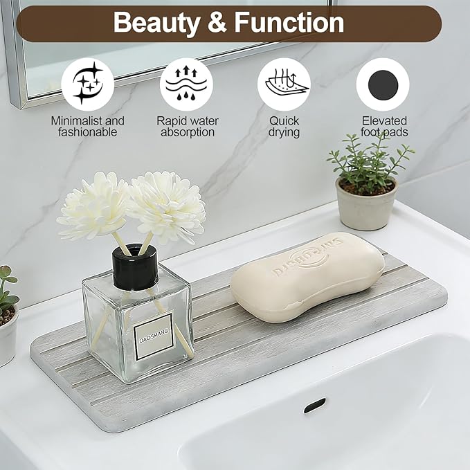 BJSNEIF Rolling Up Stone Bath Mat for Bathroom, Foldable with Absorbing Tray, Quick Drying, Non-Slip, Gray, 15.4x23.6 Inch, 2-Piece Set