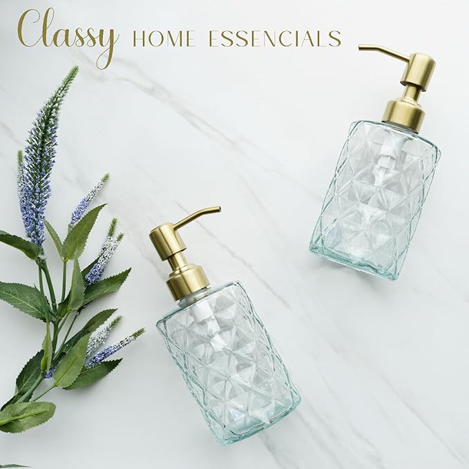 JASAI Diamond Design Glass Soap Dispenser with Golden Pump, Refillable Hand soap Dispenser for Kitchen, Soap Dispenser Bathroom for Soap, Hand soap, Dish Soap, Lotion.