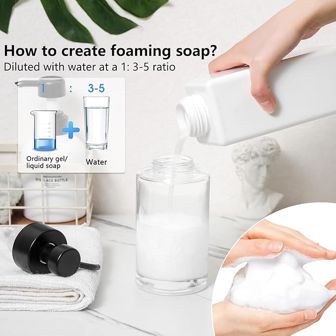 Foaming Soap Dispenser Set, 12 Oz Glass Hand Soap Dispenser with 304 Rust Proof Stainless Steel Pump, Waterproof Labels, for Bathroom Decor Kitchen College Dorm, Clear Black Pump 2 Pack