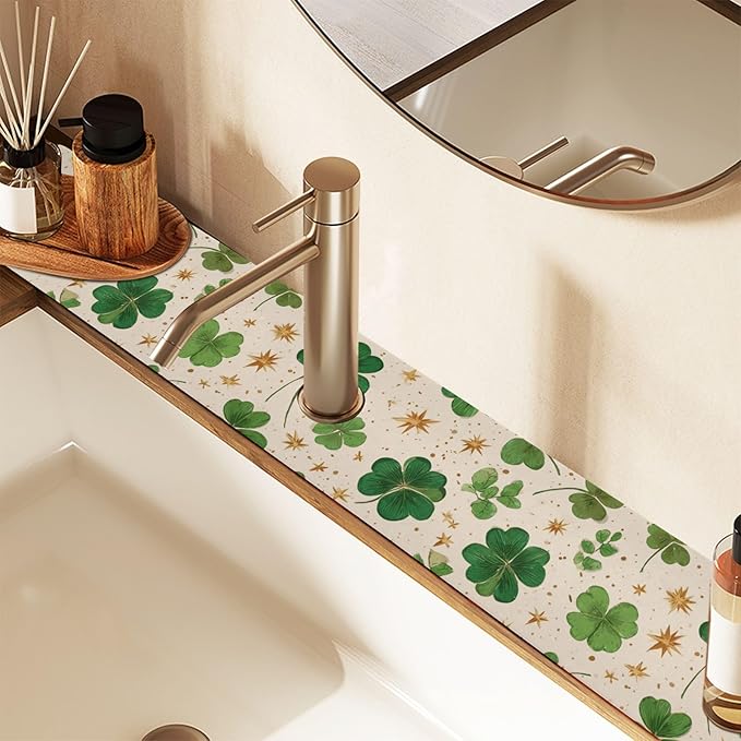 Kitchen Sink Splash Guard 2 PCS 30 Inch Sink Faucet Mat Splash Guard for Bathroom Countertop Water Absorbent Foldable Cuttable Soft Washable Green Clovers and Gold Stars