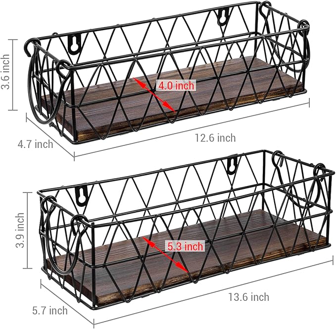 MyGift 2 Piece Wall Mounted Black Geometric Metal Nesting Storage Basket with Rustic Solid Burnt Wood Base, Small Tabletop Decorative Metal Wire Bins with Handles