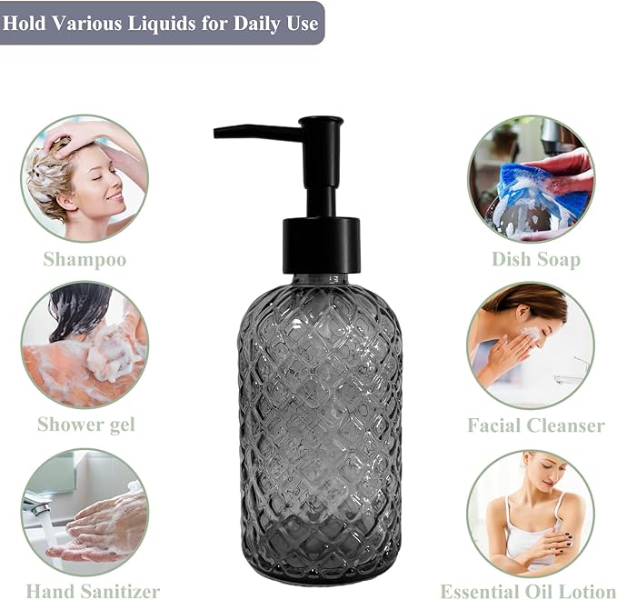 Grey Glass Soap Dispenser with Black Plastic Pump, 13.5oz Refillable Liquid Hand Dispenser, Lotion Dish Soap Dispenser for Modern Home Decor, Bathroom, Kitchen Countertop, Hotel