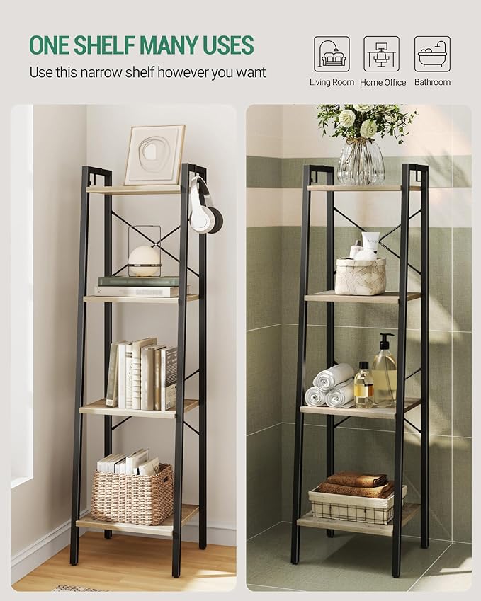 Ladder Shelf, Bookshelf Bookcase, Freestanding Corner Storage Shelve with 2 Hooks for Home Office, Living Room, Kitchen, Bedroom, Industrial, 11.8" D x 13.4" W x 47.2" H, Greige BC13205B
