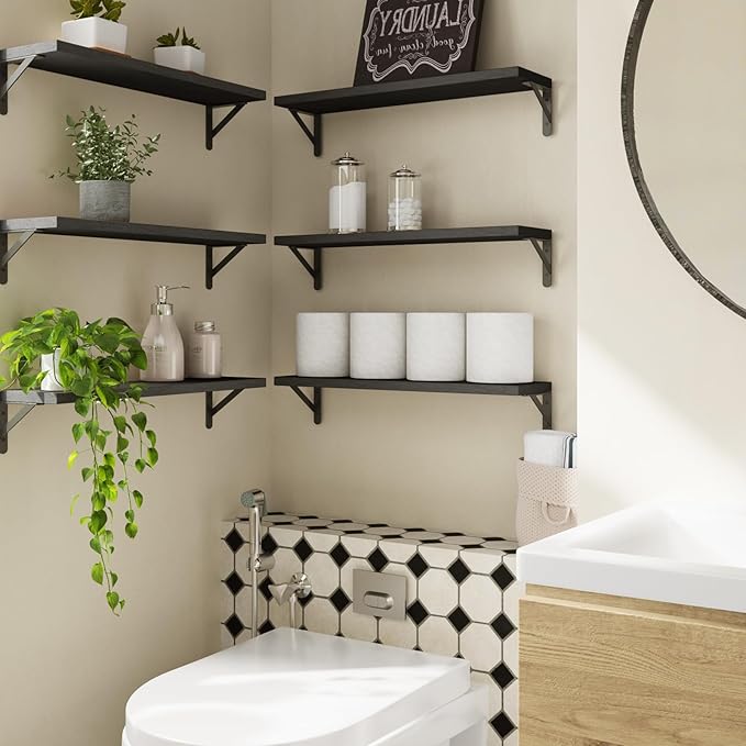 YGEOMER 23.6 Inch Floating Shelves for Wall, Farmhouse Wall Shelves for Bedroom, Bathroom Storage, Living Room and Kitchen Decor (Set of 6 Black)