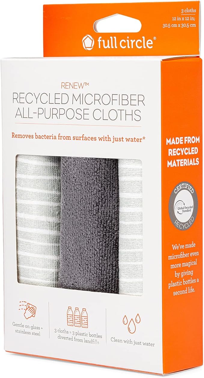 Full Circle Renew Collection All-Purpose Recycled Microfiber Cloths, Set of 3, Stripes Print