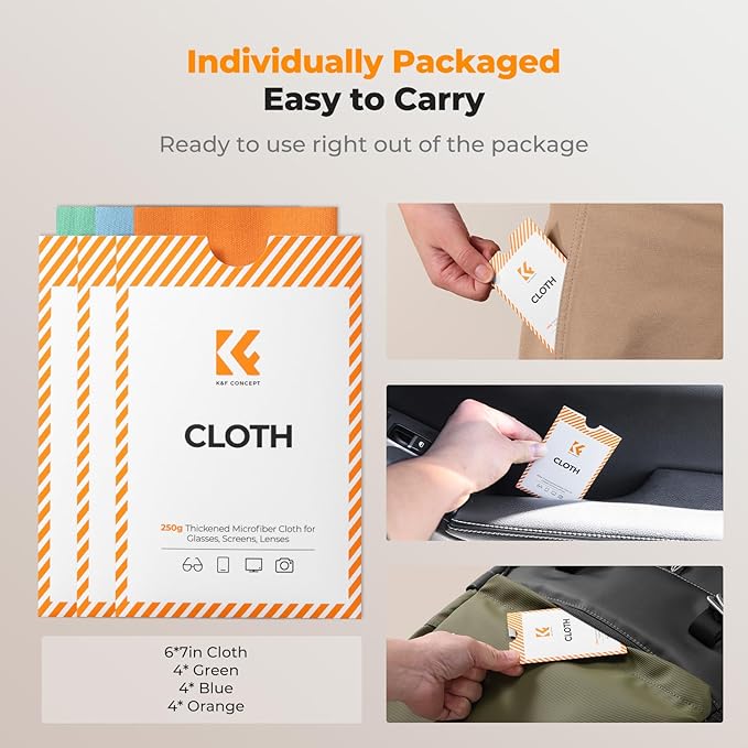 K&F CONCEPT 6 Pack Lens Cleaning Cloth | Microfiber Cleaning Cloth | Glasses Cleaning Cloths | Eyeglass Lens Cleaner | Eyeglasses, Camera Lens, VR/AR Headset Screen Cleaning | Orange & Green & Blue