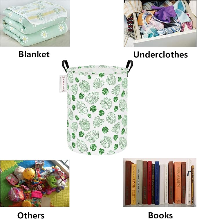 QUEENLALA Large Storage Basket,Laundry Hamper/Bathroom/Home Decor/Collapsible Round Storage Bin,Boys and Girls Hamper/Boxes/Clothing(Round-Green Leaf)