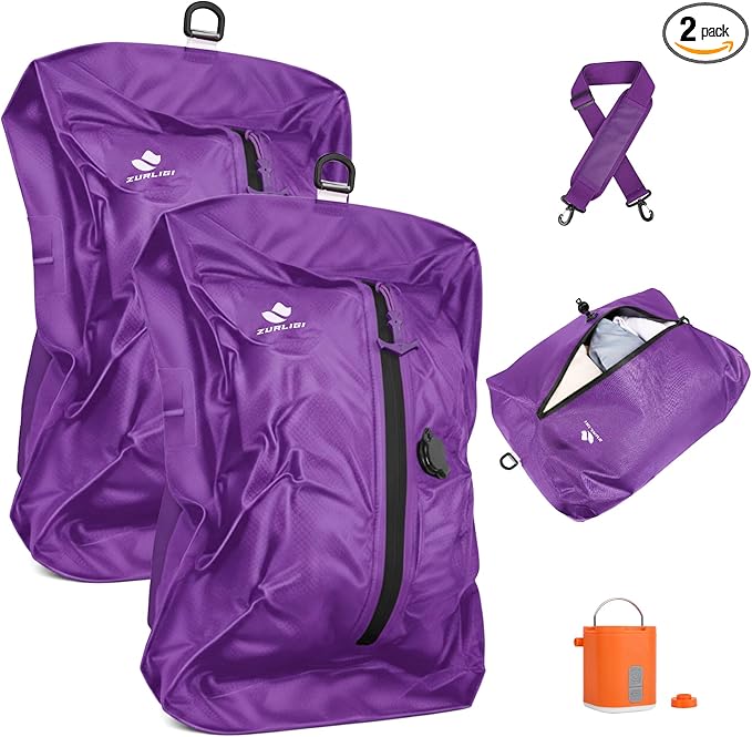 Zurligi Vacuum Bags with Pump for Travel – IPX8 Waterproof Reusable Carry-On Compression Bags for Clothes, Suitcase & Luggage(2-Pack, Purple)
