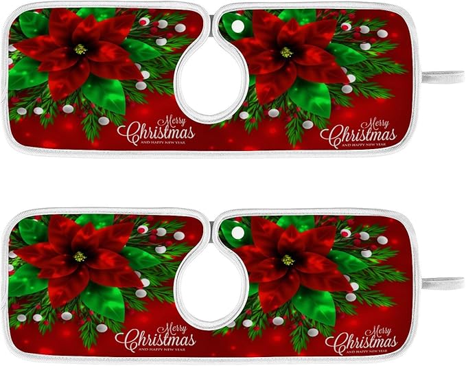 2 Pack Sink Splash Guard Merry Christmas Red Poinsettia Kitchen Faucet Absorbent Sink Mat for Faucet Kitchen Guard Drip Catcher Drying Mat for Farmhouse Barthroom Bar,L