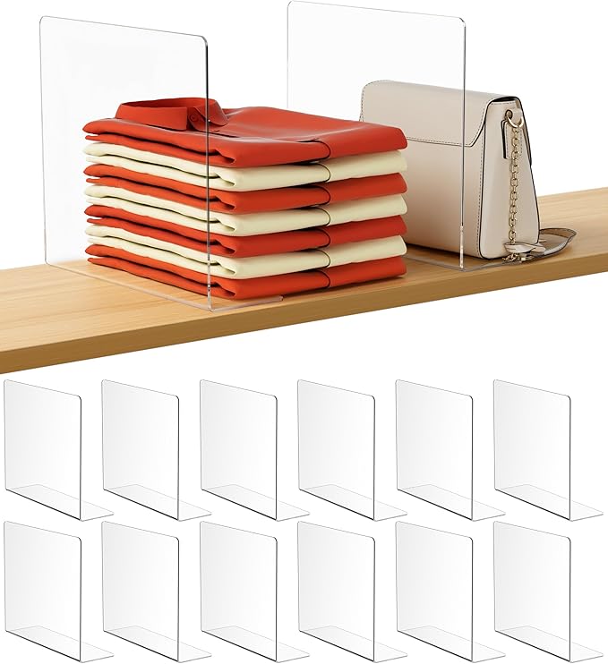 HBlife Acrylic Shelf Dividers for Closet Organization, 12 Pack Clear L-Shaped Closet Dividers for Shelves, Adjustable Purse Organizer for Sweater, Shirts, Handbags in Bedroom, Kitchen and Bookshelf