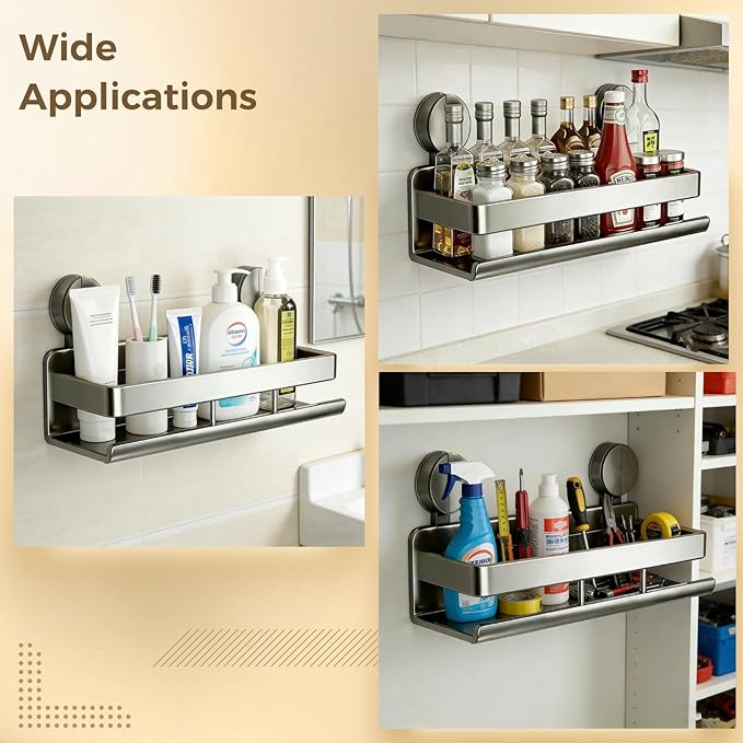 2 Pcs Spice Rack Wall Mounted Organizer, 11.8 in Suction Cups Spice Organizer, Metal Spice Shelf, Excellent Carbon Steel, Rustproof and Moisture-Proof, Grey